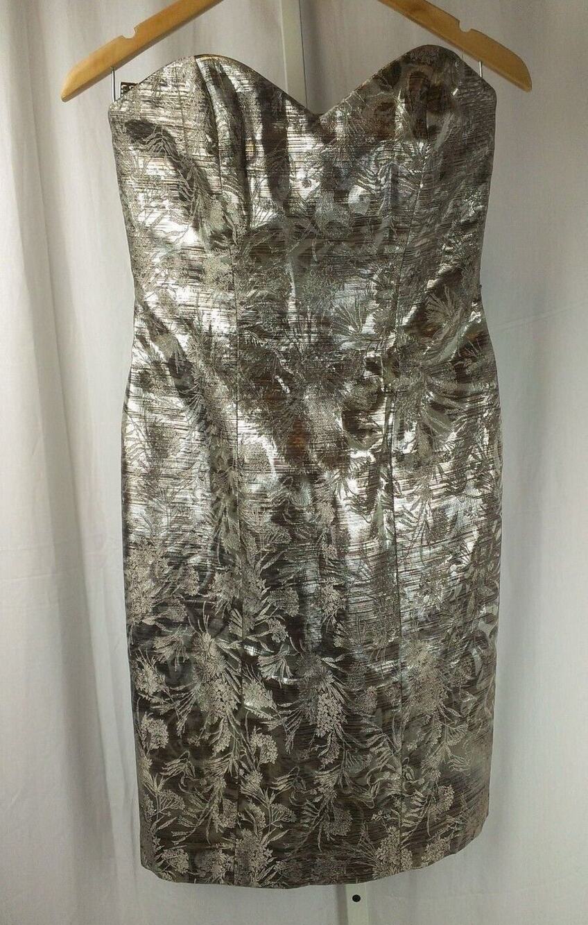 Badgley Mischka Metallic Silver and Bronze Floral Weave Strapless Dress Size 2